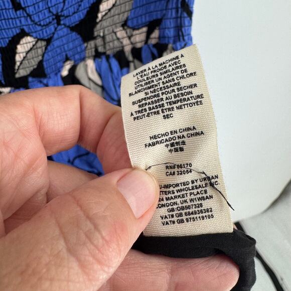 Free People Indigo Floral Smocked Mini Dress Boho Peasant Puff Sleeve Size M - Picture 10 of 11